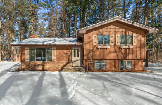 A split-level brick house with snow-covered front yard and trees in the background.